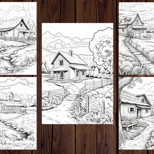 May include: Four black and white line drawings of country houses with fences, trees, and paths. Each drawing features a different house design and landscape.