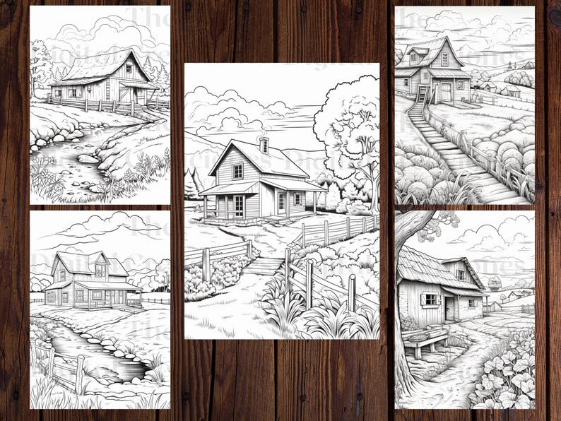 May include: Four black and white line drawings of country houses with fences, trees, and paths. Each drawing features a different house design and landscape.