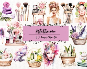 Esthetician Clipart Bundle | Watercolor Spa & Skincare Art (40 PNG Images) (Digital Download)