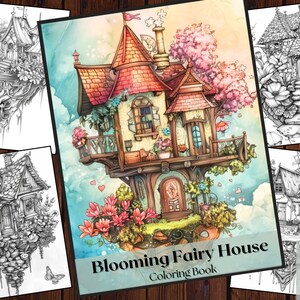 25 Blooming Fairy Homes Coloring Book| Adults kids Instant Download |Grayscale Coloring Book |Printable | Flower Houses|Fairy Houses