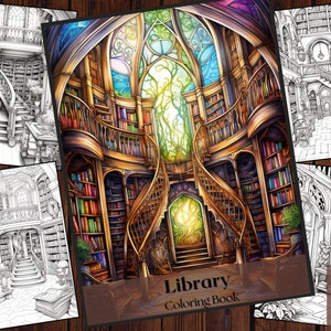 25 Library Coloring Book|Fantasy Coloring Book|Adults and Kids Printable Coloring Books| Coloring Pages|Instant Download PNG File.