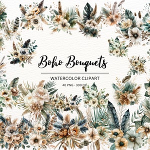 Boho Bouquets Clipart  Bundle|Bohemian Floral Clipart|Floral Watercolor Clipart|Fall Flowers|Wedding Clipart|Watercolor Clipart|Premade