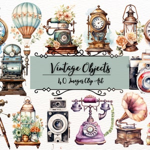 Vintage Objects Clipart | Vintage Decor and Overlays| Antique Objects| 40 PNG Images Bundle| Sublimation Files Illustration| Commercial Use