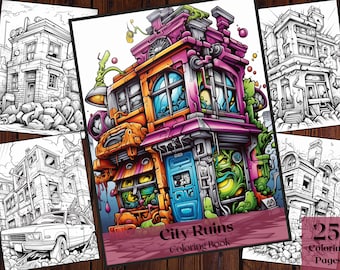 City Ruins Coloring Book | 25 Grayscale Street Scenes (Printable PDF)