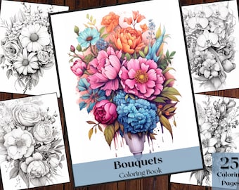 25種類の花束の塗り絵｜印刷可能な花のデザイン（すぐにダウンロード可能）