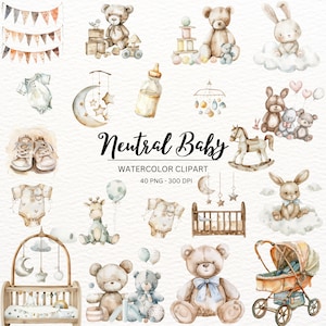 40 Clipart Género Neutral Baby Shower / Lindo Oso de Peluche / Descarga Instantánea / Paquete de Gráficos de Acuarela / Uso Comercial / PNG Transparentes
