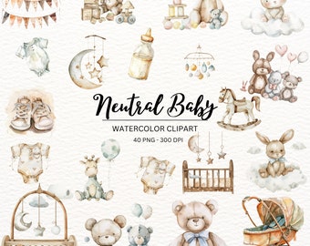 May include: Watercolor clipart set of neutral baby nursery decor elements. Includes a rocking horse, crib, baby carriage, teddy bears, a giraffe, a bunny, a bottle, and a mobile.