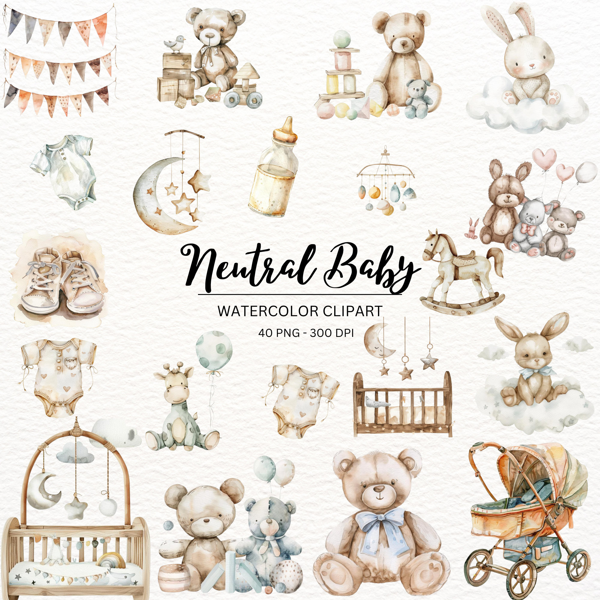Gender Neutral Baby Shower Clipart | Watercolor Teddy Bear Graphics ...