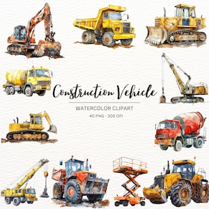 40 aquarel clipart bouwvoertuigen | Graafmachine, bulldozer, cementmixer| Trekkerillustraties |Directe download voor commercieel gebruik