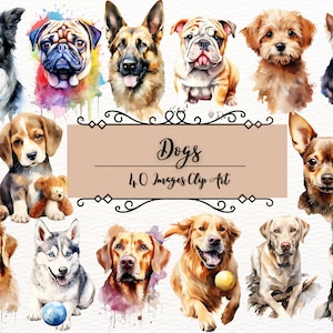 Dog Clipart Bundle|40 Watercolor Dog Clipart Sublimation Designs|Dog Breeds PNG File|Cute Dogs Digital Illustration|Puppy Portrait Prints