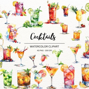 Clipart cocktail | Aquarelle, 40 images PNG | Menu de boissons signature | Sublimations DIY | Créez des cadeaux uniques pour le menu du bar avec ce lot d'images clipart