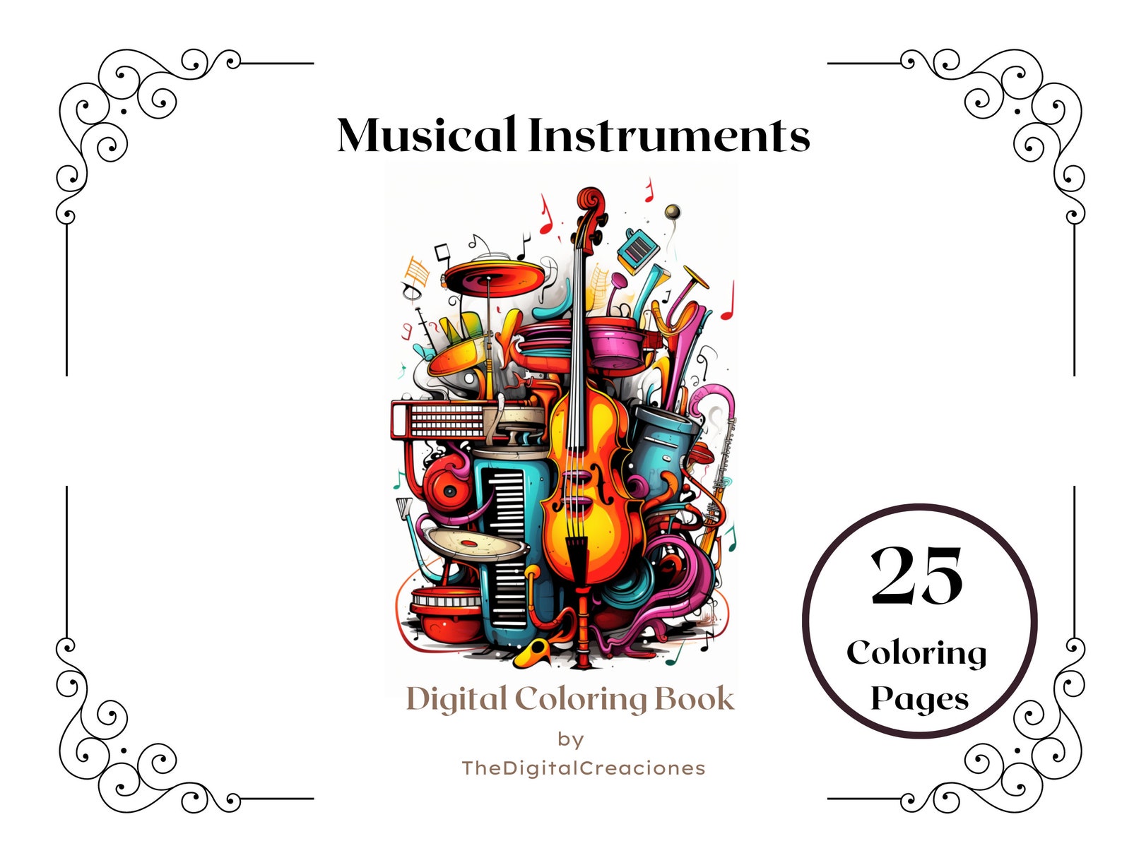 Instruments Coloring Book Musical Instruments Coloring Book | Graffiti Style, 25 Pages (instant ...