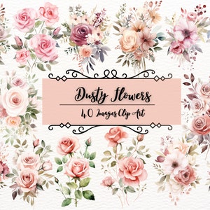 Dusty Rose Floral Clipart|40 PNG Watercolor Roses|Roses Clipart|Dusty Rose & Blush|Floral Clipart|Watercolor Clipart|Wedding Clipart