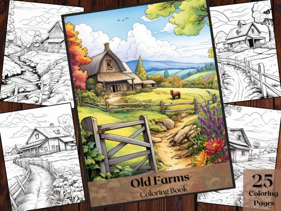Old Farm Coloring Book | Barn, Nature Scenes (Instant Download PNG File)