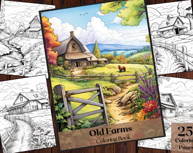 Rustic Barn Grayscale Coloring Page, Printable Countryside Landscape ...