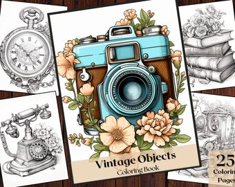 Livro de colorir de objetos vintage | Antiguidades em flor, desenhos florais (download digital)