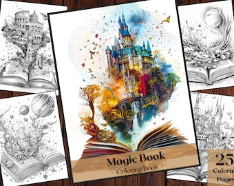 Pode incluir: Um livro para colorir com 25 páginas que apresenta ilustrações de castelos mágicos, livros e outros elementos de fantasia. A capa mostra um castelo colorido que emerge de um livro aberto.