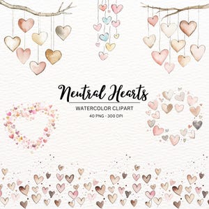 Clipart de aquarela para dia dos namorados \ Coração de dia dos namorados PNG \ Borda sem costura \ Moldura para fazer cartões \ Corações neutros em tons pastel