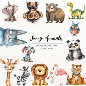 Funny Animals PNG Clipart Bundle| 40 Whimsical Safari animals|  Quirky dog dinosaur |Sublimation clip art |Whimsy Birthday graphics Silly