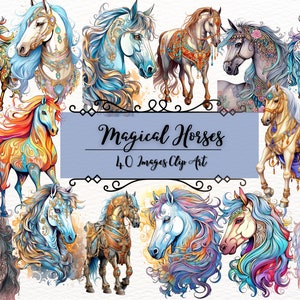 Magical Horses Watercolor Clipart|40 PNG Magical Enchanting Horse Illustrations|Animals in Nature|Instant Digital Download|Commercial Use