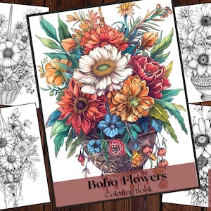 25 Boho Flowers Coloring Book| Printable PDF| Bohemian Floral Plant Coloring Pages|Fantasy Grayscale Coloring Book for Adults and Kids