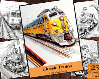 Classic Trains Coloring Book | 25 Printable Pages (Instant Download)