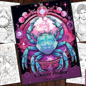 25 Cancer Zodiac Coloring Book |Zodiac Sign|Celestial Astrology Female Coloring Pages|Adults and Kids |Printable PDF|Grayscale Coloring Book