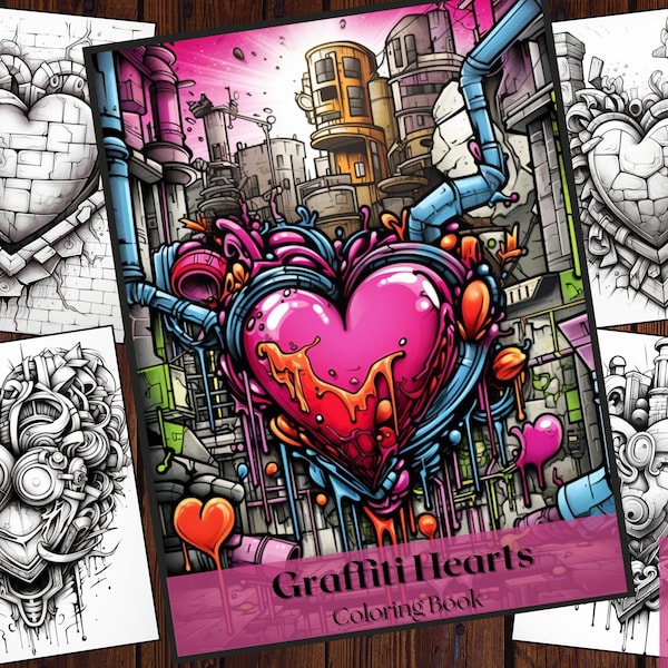 25 Graffiti Heart Coloring Book|Abstract Street Art |Printable Adults and Kids Coloring Pages|Instant Download Printable PDF.