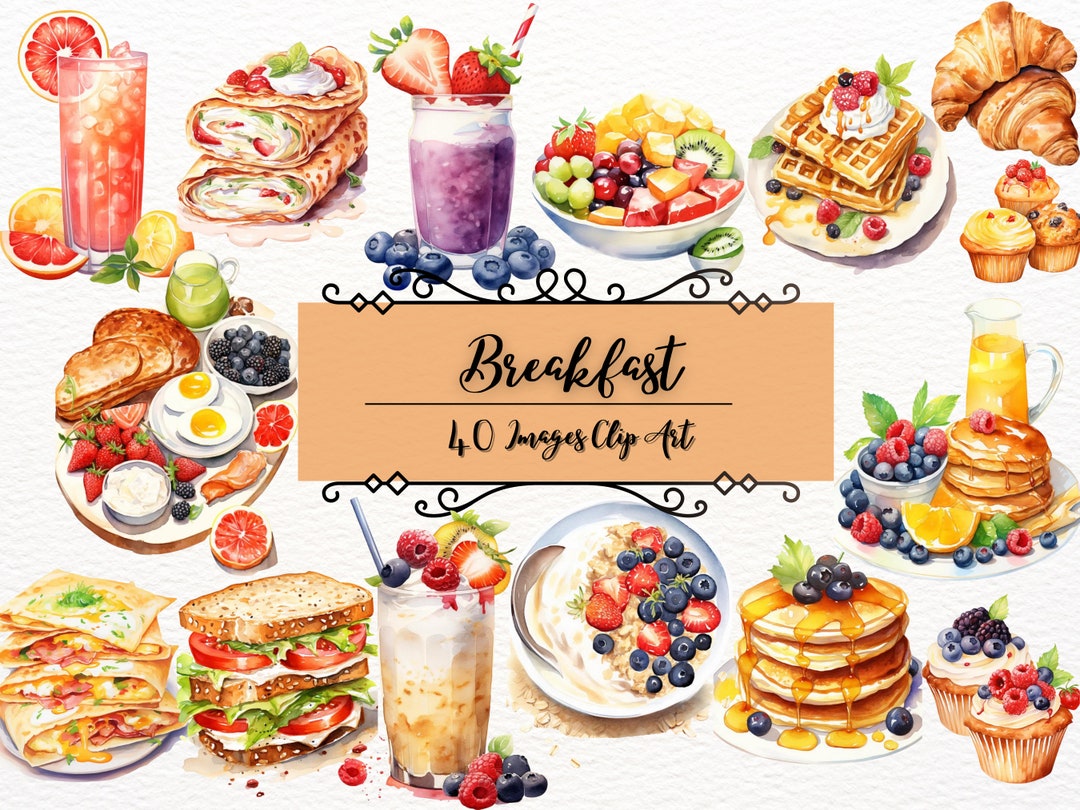 Breakfast Clipart Bundle|menu Bundle Clipart Set|40 Watercolour PNG ...