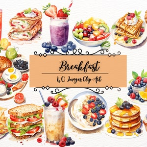 Ontbijt clipart bundel| Menu bundel clipart set| 40 aquarel PNG koffie thee clipart & spek graphics | Afdrukbare planner graphics