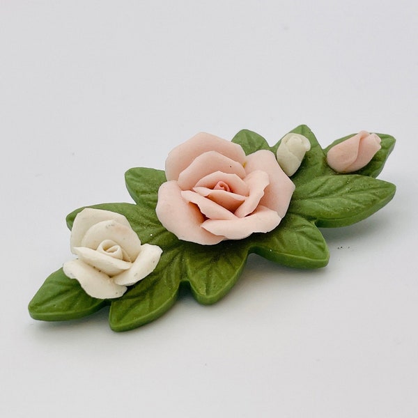 Vintage Rose Brooch Lapel Pin in Porcelain Ceramic / Lovely Spring Summer Flower Brooch with Pink Rose and white rose pin