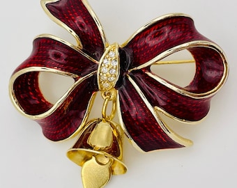 Vintage Christmas Brooch Bell brooch Christmas bell vintage brooch Christmas gift for mom deep red bow pin Classic and Classy Statement pin