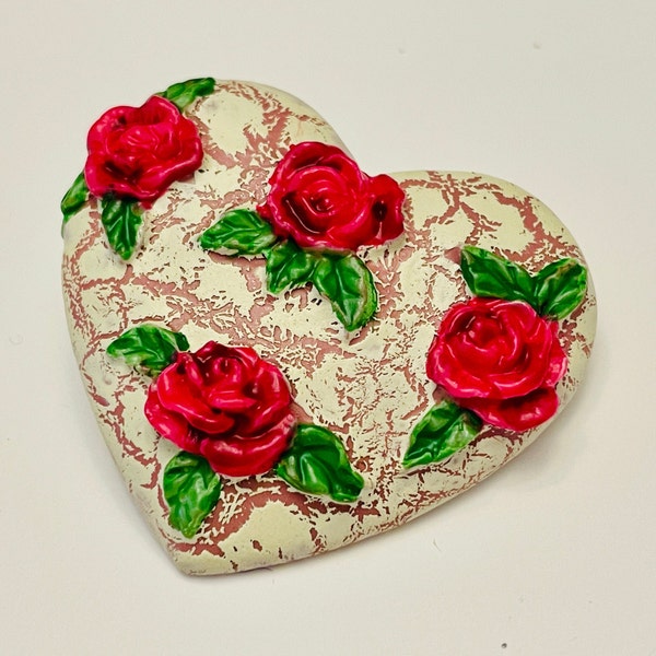 Heart Brooch Shabby Chic style white crackle paint with Pink Roses Valentine’s Day Pin Brooch Lapel Pin Vintage Valentine’s Day Grandma Pin