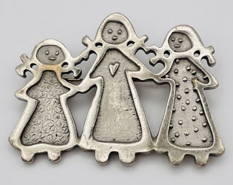 Three Sisters Brooch by Cynthia Webb in Silver tone and cute vintage style / Pin Gift for Sister Gift / Gift for big sister / Sister Jewelry