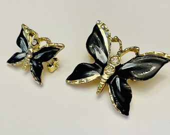 Two Butterfly Brooches Vintage Brooches Butterfly Pins Butterfly Lapel Pin Vintage Butterfly 1960s Black Butterfly Brooch whimsigoth goth