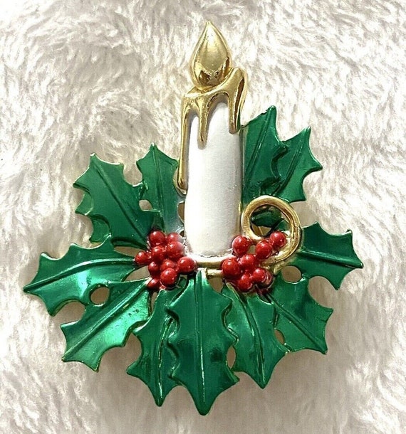 Candle Christmas Brooch Pin vintage Brooch with H… - image 1