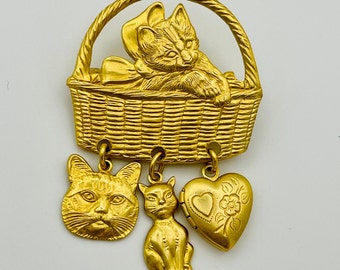 Chat dans un panier broche chat broche chat broche ton or chat bijoux chat cadeau pour propriétaire de chat
