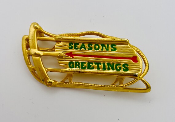 Seasons Greetings Sled Brooch Lapel Pin Christmas… - image 2