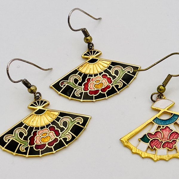 Genuine cloisonné fan shaped dangle earrings with flower floral patterns - Cloisonne earrings asian earrings