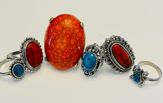 Western Rings Silver tone and Stone Red Blue Ring… - image 1