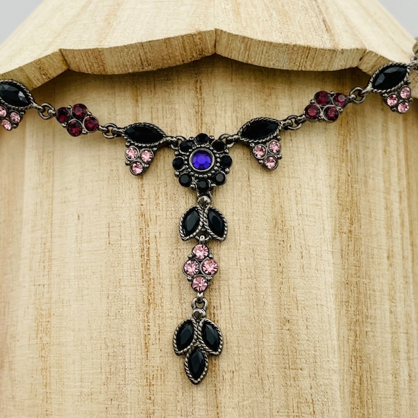 Vintage Formal Necklace Y2K style for prom gunmetal tone and Purple and Black Crystal Rhinestones purple prom black prom necklace