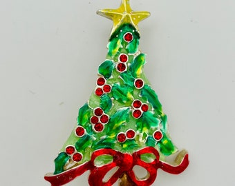 Vintage Christmas Tree Brooch Lapel Pin Holly Brooch Holly Christmas Tree Christmas Gift by AJMC