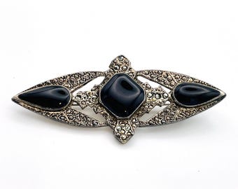 Vintage Art Deco Brooch Faux Black Onyx and Genuine Marcasite Large Brooch Art Deco Jewelry Costume Jewelry