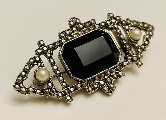 Black Royal Style Vintage Brooch Large faux Cryst… - image 2