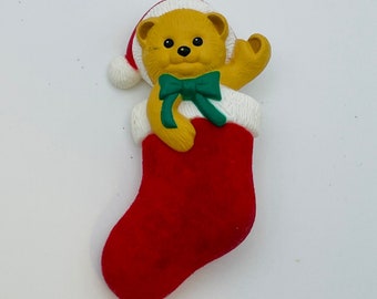 Vintage Teddy Bear in a stocking Christmas brooch lapel pin vintage Hallmark Brooch Hallmark Christmas 1990s 1992 Christmas Pin Stocking Pin