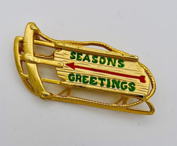 Seasons Greetings Sled Brooch Lapel Pin Christmas… - image 1