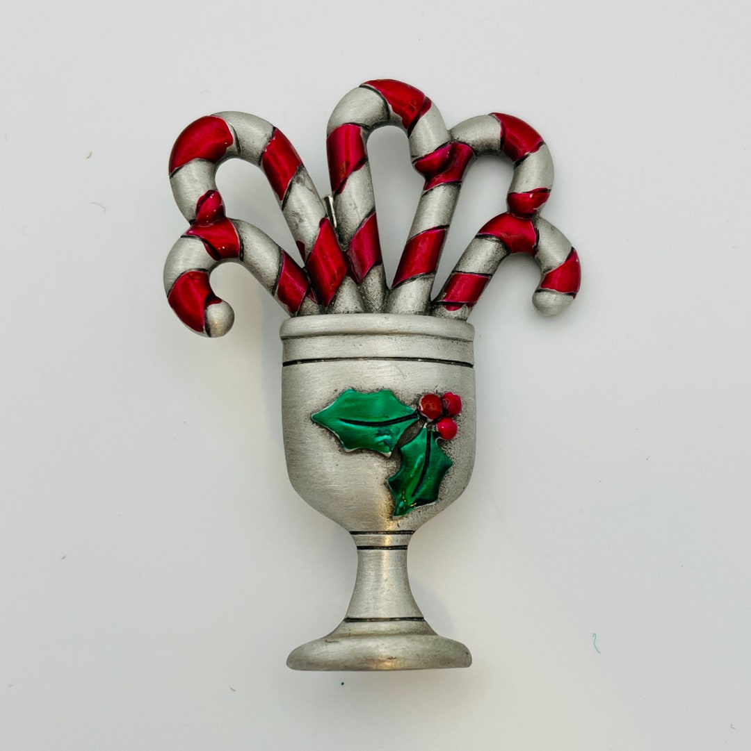 Candy Canes in a Cup Brooch Fun Christmas Lapel Pin Pewter Goblet