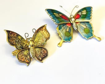 Broche Papillon Vintage Années 80 - Laiton Et Paillettes - Bijou Fantaisie Ancien - Occasion