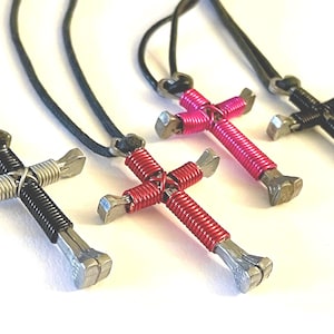 Handmade Carpenter Nail Cross Necklace is an Upcycled Religious Gift for Easter or Confirmation in a pink color