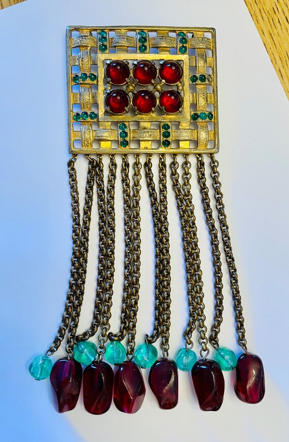 Unique Large Gold tone Red and Teal Vintage Brooc… - image 4